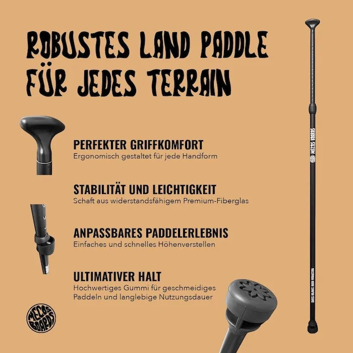 Produktmerkmale des MECOS BOARDS Land Paddles mit Fokus auf Griff, Schaft, Gummi und Verstellmechanismus