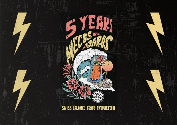 Jubiläumsgrafik 5 Jahre MECOS BOARDS – Swiss Balance Board Production im Surf-Design mit Retro-Look