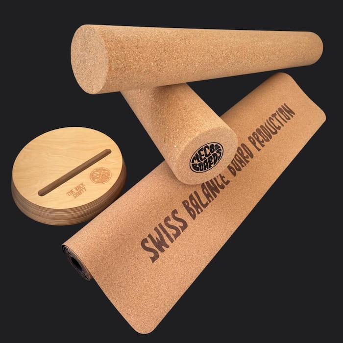 Balance Board Zubehör wie Korkmatte, Korkrolle und Ständer