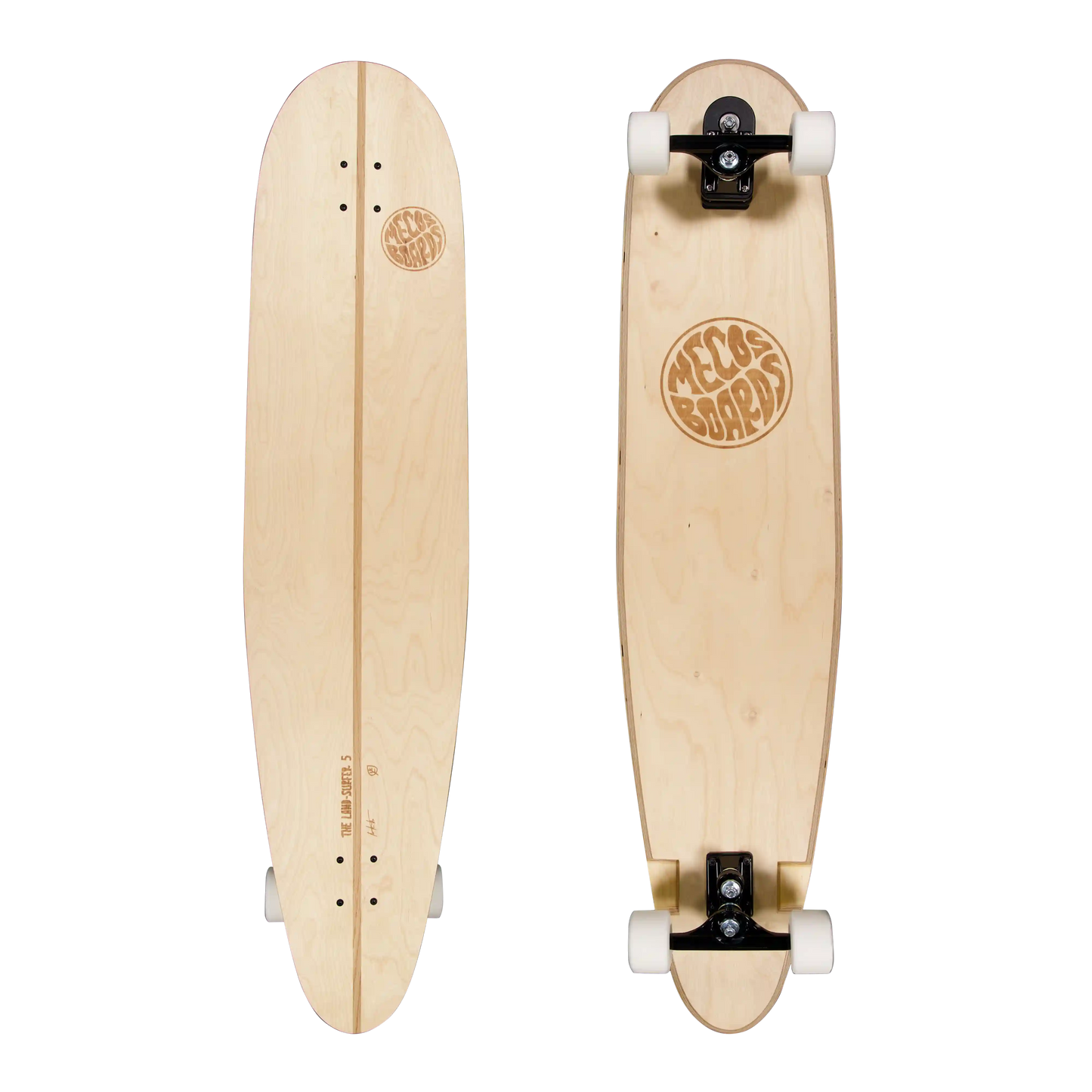 MECOS BOARDS The Land Surfer – Longboard Vorder- & Rückseite mit Surfskate-Achsen & Gravur, Swiss Made 120 cm