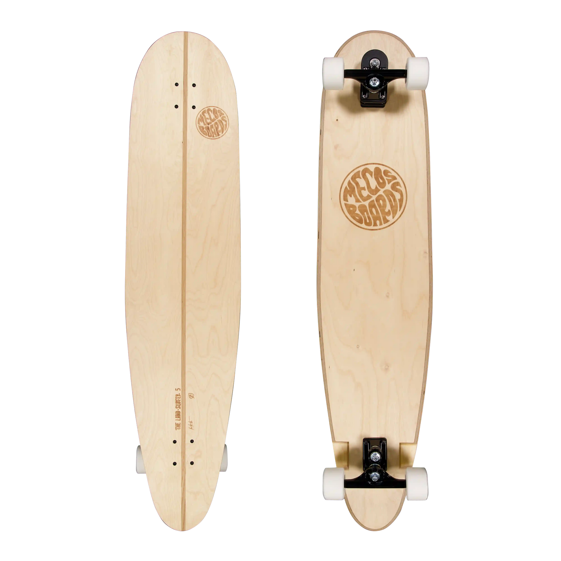 MECOS BOARDS The Land Surfer – Longboard Vorder- & Rückseite mit Surfskate-Achsen & Gravur, Swiss Made 120 cm
