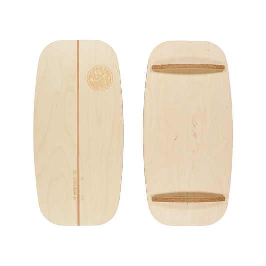 MECOS BOARDS The Motion Rocker – Balance Board Büro Stehpult, Vorder- und Rückseite, Swiss Made Birkenholz