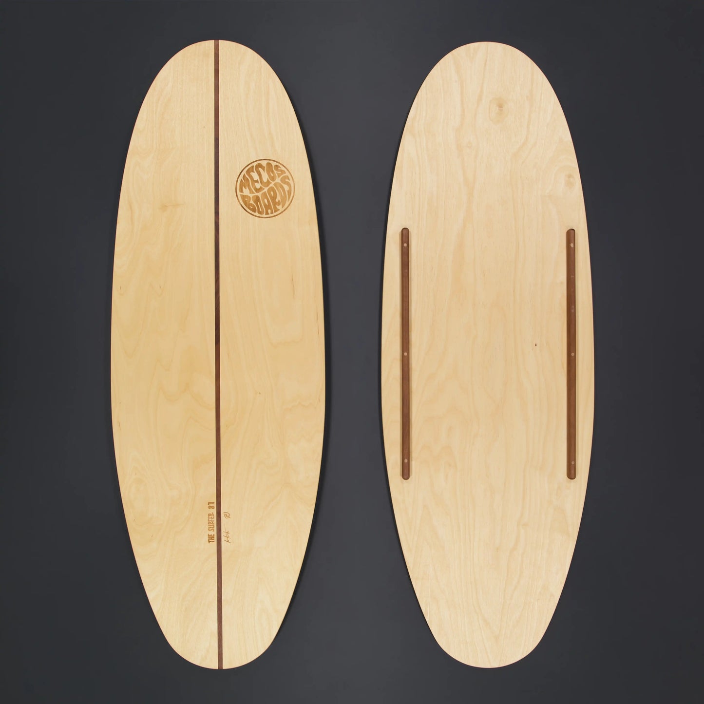 THE SURFER Balance Board Draufsicht – Rails verhindern seitliches Wegrollen der Korkrolle für sicheres Surf Training