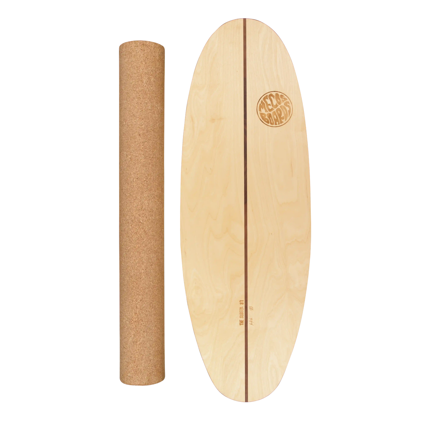 MECOS BOARDS The Surfer Balance Board – Surf Trainer Set mit Korkrolle Freisteller, Swiss Made Birkenholz