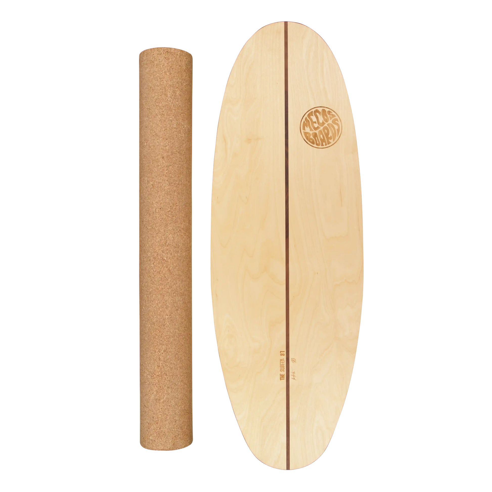 MECOS BOARDS The Surfer Balance Board – Surf Trainer Set mit Korkrolle Freisteller, Swiss Made Birkenholz