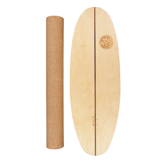 MECOS BOARDS The Surfer Balance Board – Surf Trainer Set mit Korkrolle Freisteller, Swiss Made Birkenholz