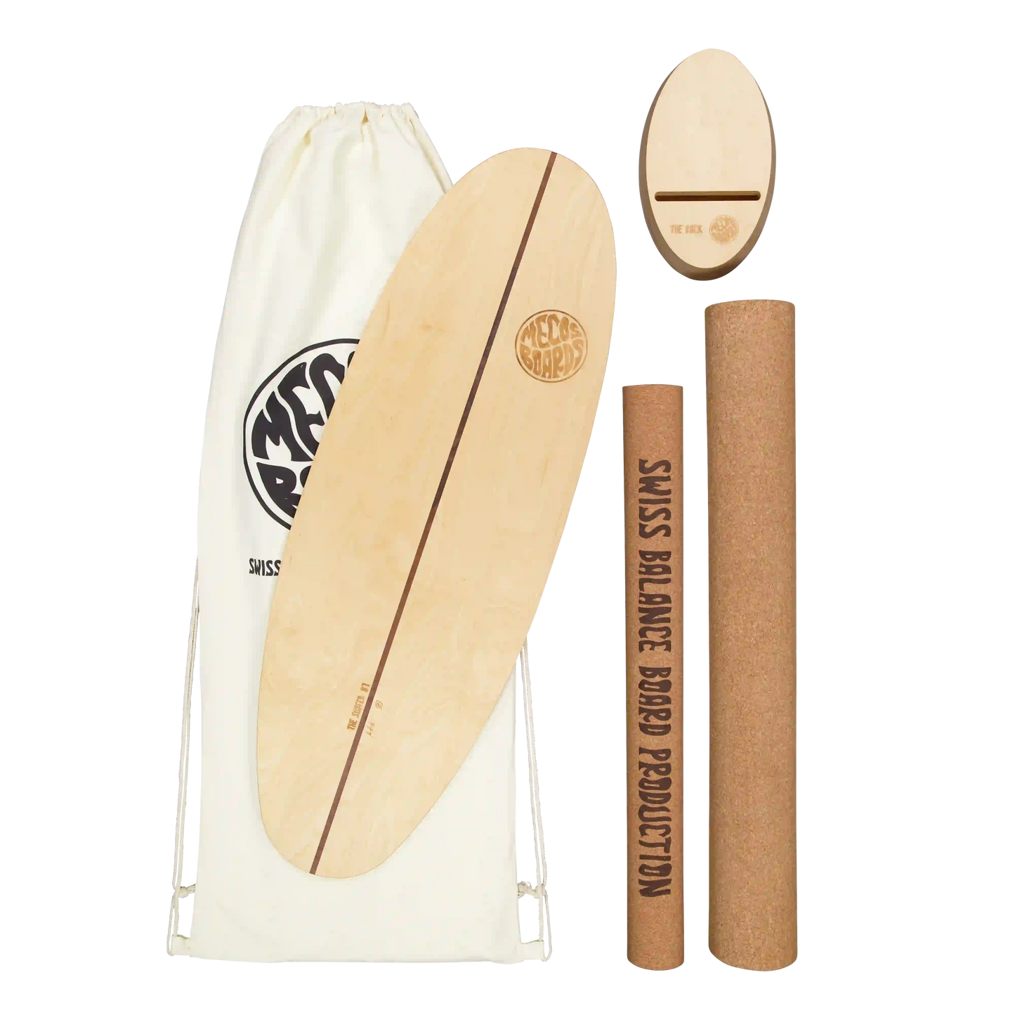 MECOS BOARDS The Surfer Balance Board Set – Surf Trainer mit Korkrolle, Ständer & Cotton Bag, Swiss Made