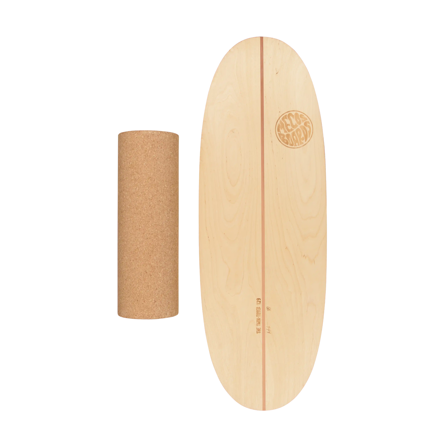 MECOS BOARDS Twin-Tipper Balance Board mit Korkrolle – Freisteller weisser Hintergrund, Swiss Made Birkenholz