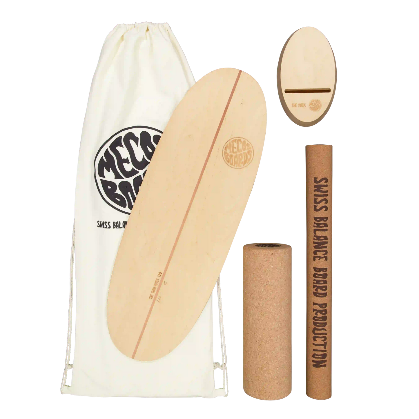 Made MECOS BOARDS Twin-Tipper Balance Board Komplett-Set – Board, Korkrolle, THE RACK Ständer und Boardbag, Swiss Made