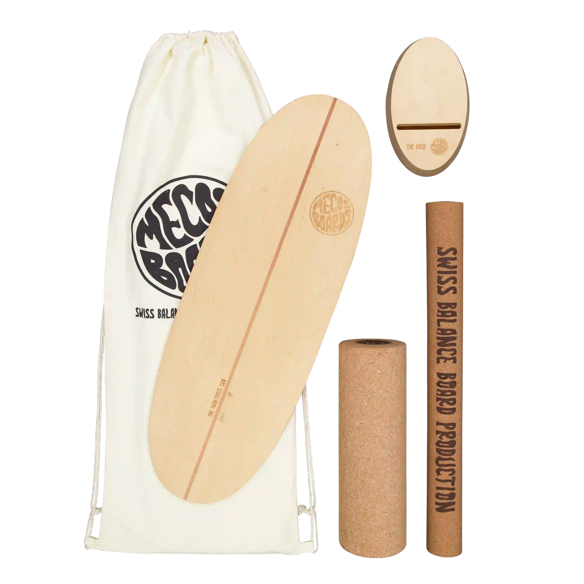 Made MECOS BOARDS Twin-Tipper Balance Board Komplett-Set – Board, Korkrolle, THE RACK Ständer und Boardbag, Swiss Made