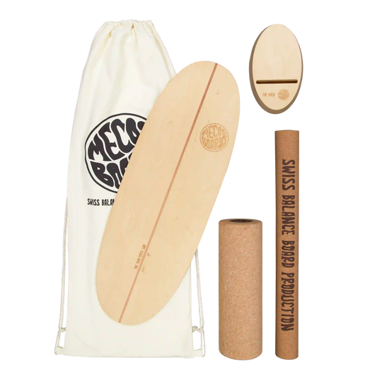 Made MECOS BOARDS Twin-Tipper Balance Board Komplett-Set – Board, Korkrolle, THE RACK Ständer und Boardbag, Swiss Made