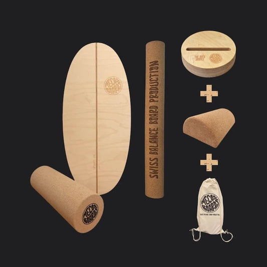 THE SHORTY Balance Board Starter-Kit von Mecos Boards mit Shorty Board, halber Korkrolle für Anfänger, Korkmatte, Board-Ständer und Cotton Bag.